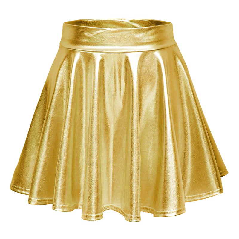 EXCHIC Women's Shiny Metallic Wet Look Stretchy Flared Mini Skater Skirt (S, Gold) - Image 1